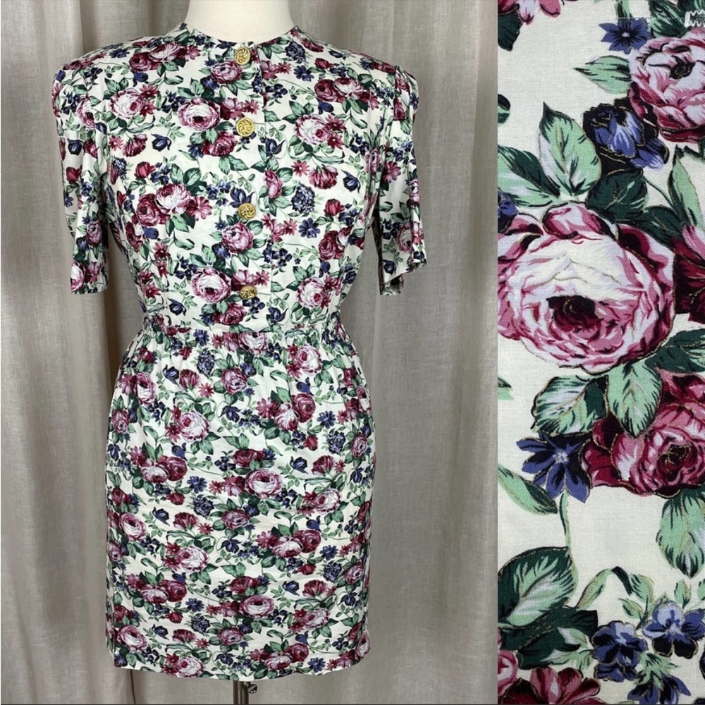 Vintage Womens Skirt Set Size 16 White Pink Rose Floral Pencil Short Sleeve 80s